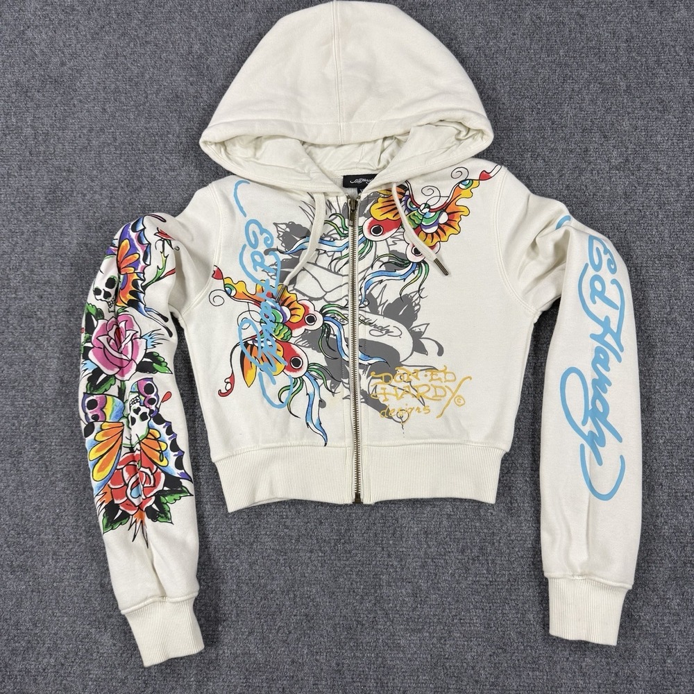 Ed Hardy Cream Zip-Up Hoodie with Multicolor Tattoo Print